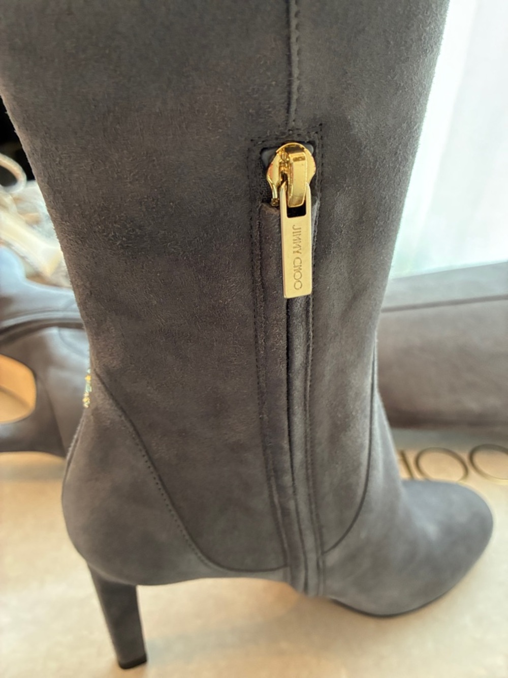 NIB NWT 6.5 Jimmy Choo London Tempe 85 Women's Suede Knee-High Boots Dusk Grey - Picture 8 of 10